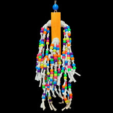 Load image into Gallery viewer, 300 pony beads knotted on cotton rope strands! The base is a brightly colored 1" by 1" by 6" pine block hanging by nickel plated hardware with an acrylic bead. Our experience has shown bead toys help feather pickers and are a great starter for birds that don't know how to play with toys.