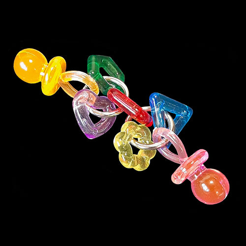 A shiny, dangly foot toy light enough for the little guys made with crystal stringing rings and pacifiers on nickel plated rings. Will be loved by small conures, quakers, ringnecks, caiques, senegals, etc. Available in assorted color combinations.  Measures approx 3