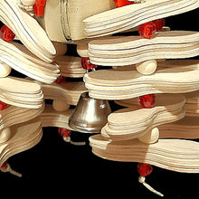 Load image into Gallery viewer, One hundred thin wood paddles with wood & acrylic beads strung on hemp cord from a 2" woven palm leaf cube. The base is stainless steel wire with a nickel-plated bell on the bottom. A perfect toy for budgies, lovebirds, cockatiels, gc conures and other birds that aren't big chewers and prefer thin wood!
