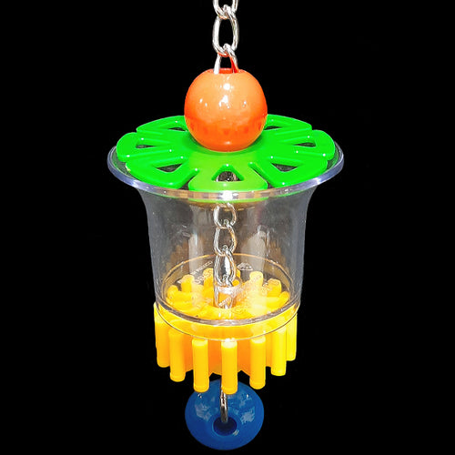 A clear acrylic cup with acrylic beads and a spinning gear hanging on nickel plated chain. Foraging stimulates natural behavior by making your bird work for its food! Be creative and hide your bird's favorite treats in shredded paper and stuff them into this cup. Designed for small to intermediate sized birds. Comes in assorted colors.  Measures approx 2-1/2