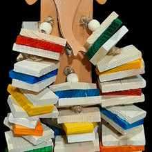 Load image into Gallery viewer, Lots of small, thin, pine wood pieces with small wood snap beads threaded on jute cord. The base is an adorable veggie tanned leather elephant head. Hangs from a short length of nickel plated chain. Designed for birds who like small, thin and easy to chew wood pieces.