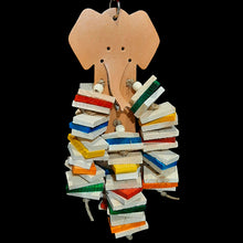 Load image into Gallery viewer, Lots of small, thin, pine wood pieces with small wood snap beads threaded on jute cord. The base is an adorable veggie tanned leather elephant head. Hangs from a short length of nickel plated chain. Designed for birds who like small, thin and easy to chew wood pieces.