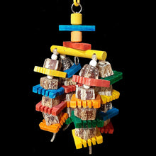 Load image into Gallery viewer, Bird toy with mahogany pod chunks, brightly colored notched pine busy beaver slices and small wood snap beads flowing under a wood dowel base on jute cord. Hangs on a short length of nickel plated chain with more wood pieces. Designed for intermediate to medium sized birds who like softer textures.