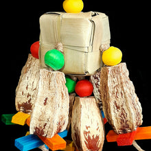 Load image into Gallery viewer, Easy to chew natural mahogany pods, brightly colored mini softwood slats and wood beads threaded on a 2" by 2" palm leaf cube with jute cord. This toy contains no metal parts. Designed for intermediate sized birds as well as medium birds who are light chewers. Measures approx 5" by 11" including clip.