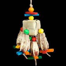 Load image into Gallery viewer, Easy to chew natural mahogany pods, brightly colored mini softwood slats and wood beads threaded on a 2" by 2" palm leaf cube with jute cord. This toy contains no metal parts. Designed for intermediate sized birds as well as medium birds who are light chewers. Measures approx 5" by 11" including clip.