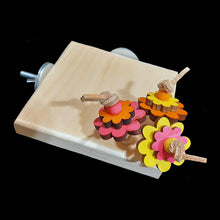 Load image into Gallery viewer, A 3/4" thick pine wood platform corner perch with brightly colored pine daisies on veggie tanned leather lace sprouting of the corner. A great alternative perching spot for birds with special needs or a different place for resting tired feet! Many birds will also enjoy chewing on the wood, providing hours of entertainment and beak exercise.