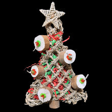 Load image into Gallery viewer, Everybirdy needs their own Christmas tree and this one is sure to be a hit! Made with seagrass stuffed with crinkle paper and adorned with sola coins (similar to balsa), assorted beads and topped off with a vine star. Designed for small to intermediate sized birds. Attaches to the side of your bird's cage with two zip ties.