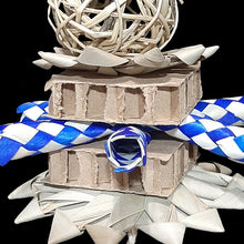 Load image into Gallery viewer, A great toy with a variety of softer parts to chew and shred! Made with cardboard honeycomb blocks, palm leaf flowers, bamboo shredders, a vine ball, pine star and wood beads strung on sisal rope. Contains no metal parts. Designed for small to intermediate sized birds as well as rabbits! Measures approx 5" by 12" including link.