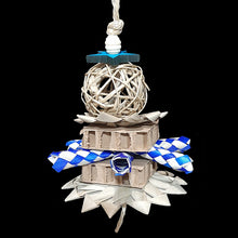 Load image into Gallery viewer, A great toy with a variety of softer parts to chew and shred! Made with cardboard honeycomb blocks, palm leaf flowers, bamboo shredders, a vine ball, pine star and wood beads strung on sisal rope. Contains no metal parts. Designed for small to intermediate sized birds as well as rabbits! Measures approx 5" by 12" including link.