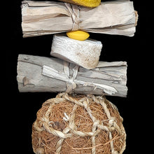 Load image into Gallery viewer, Bundles of banana leaf rolls, soft yucca pieces, wood beads and a coconut fiber ball on stainless steel wire. The coco ball is made from coconut fiber that has been bundled and rolled into a tight ball with seagrass cord twisted around the outside. Designed for small to intermediate sized birds. Measures approx 3" by 11" including link.