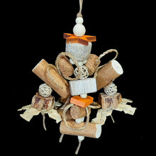 Load image into Gallery viewer, Shreddable bird toy with a yucca button, colored pine star, yucca chunks, sola logs, cork stoppers, vine balls, mahogany rounds, pine wafers, wood beads, seagrass cord and zigzag palm leaf shredders. Designed for small birds up to intermediate birds who love soft textures.