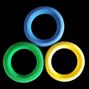 Brightly colored wood rings measuring 1-3/4" in diameter.