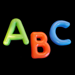 Chunky plastic alphabet beads measuring 7/8" tall with a 3/16" hole (will fit on wire, paulie rope & leather lace).