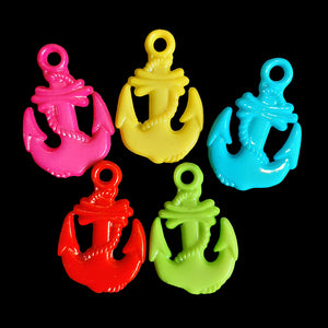 Double sided flat acrylic charms in the shape of an anchor measuring approx 3/4" by 1-1/8" with a 3mm (approx 1/8") hole.  Package contains 25 charms in assorted bright colors.