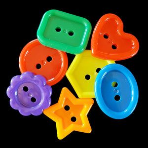 Brightly colored acrylic buttons measuring approx 1" in size (depending on shape).