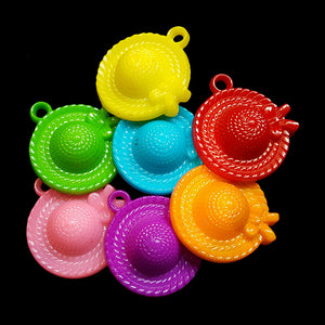 Acrylic wide brim straw hat charms measuring 1" in diameter with a 3mm (approx 1/8") hole at the top.  Package contains 10 charms in assorted colors.