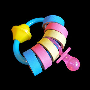 Refillable! Six bitty bagels and a pacifier on a plastic link closed with an acrylic bead. Designed for intermediate & large birds.  Measures approx 2-1/2" x 2".