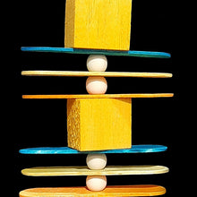 Load image into Gallery viewer, Four 1&quot; by 1&quot; x 1&quot; brightly colored balsa blocks with thin wood paddles and wood beads threaded on paper cord. Designed for light chewers.
