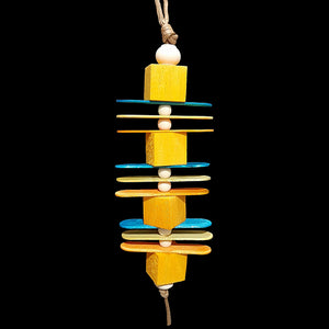 Four 1" by 1" x 1" brightly colored balsa blocks with thin wood paddles and wood beads threaded on paper cord. Designed for light chewers.