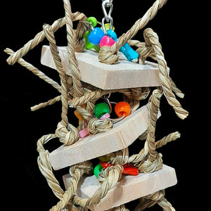 A perfect combination of balsa and seagrass! Four 2" by 2" balsa slices with crunchy seagrass cord knotted through the corners. Colorful charms and pony beads are interspersed between the balsa on nickel plated chain. Hangs approx 9" including link.