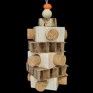 Three 2" by 2" by 1" balsa blocks with corks inserted into each side strung on stainless steel wire with a mahogany pod, cardboard blocks and beads. Designed for small to intermediate sized birds.
