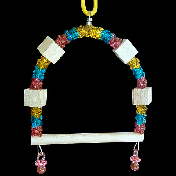 A cute little swing made with acrylic beads and little wood cubes on stainless steel wire. Designed for small birds such as budgies, lovebirds, parrotlets, small conures, canaries, etc. Available in assorted colors.