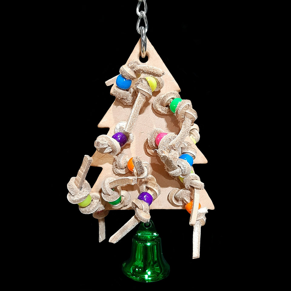 Bird toy made with a veggie tanned leather Christmas tree with double knotted leather lace and pony beads on both the front and back. Hangs on a short length of nickel plated chain with a vacuum coated bell on the bottom. Designed for small to intermediate sized birds (lovebirds, cockatiels, conures, quakers, etc).