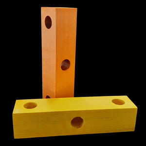 A brightly colored 1-3/4" by 1-3/4" by 6" birch wood block drilled with three 1/2" holes. Recommended for making toys for medium to large birds.  Available in assorted colors.