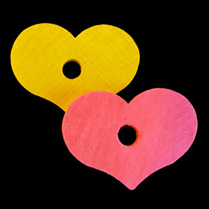 Brightly colored hearts measuring 2-1/4" wide by 1-3/4" high. The pieces are 1/4" thick and have been drilled with a 3/8" hole in the center.