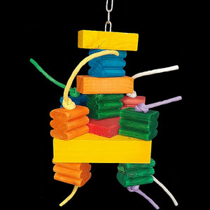 A short but chunky toy made with brightly colored wood blocks and paper rope. The base is nickel plated chain with a large 5-1/2" x 5-1/2" x 1-1/2" thick center block.