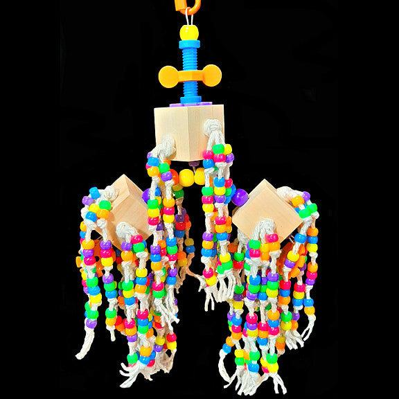 Just under 500 pony beads knotted on cotton from pine wood blocks on stainless steel wire that spin, wiggle and jiggle! Topped off with a mini plastic nut & bolt set for more interactive fun. Our experience has shown bead toys help feather pickers and are a great starter for birds that don't know how to play with toys.  Measures approx 7