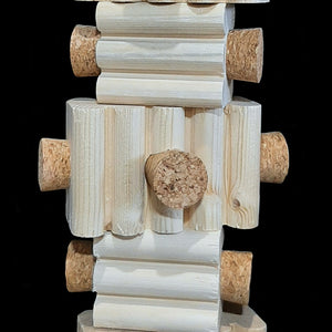 Uncolored, bumpy pine blocks with 18 cork stoppers inserted into the sides. Strung on nickel plated chain.
Hangs approx 15" including link.