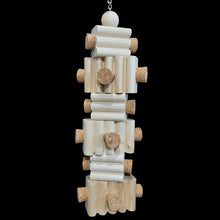 Load image into Gallery viewer, Uncolored, bumpy pine blocks with 18 cork stoppers inserted into the sides. Strung on nickel plated chain.
