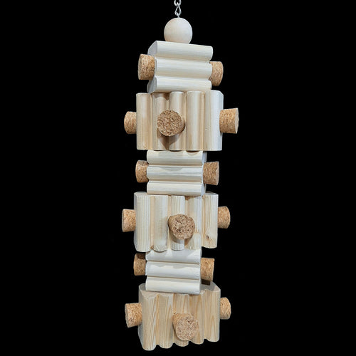Uncolored, bumpy pine blocks with 18 cork stoppers inserted into the sides. Strung on nickel plated chain.