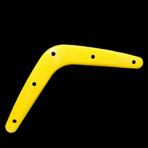 Plastic boomerang toy base measuring approximately 10" across with 5 holes. Available in yellow, orange, red, blue, green and purple.  Also available undrilled upon request.