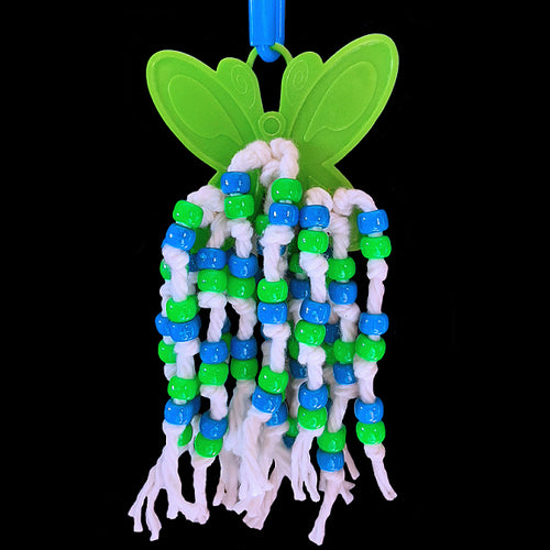 What bird doesn't like beads! Over 100 pony beads knotted on cotton strands on a solid plastic base. When the beads get removed, simply fill the holes with the stringing material of your choice and bead away! Available in assorted color combinations.  Measures approx 3
