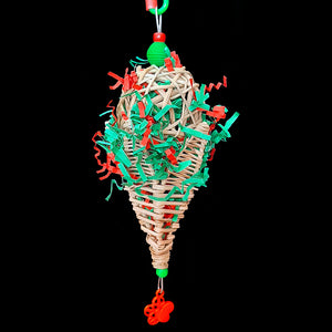 A fun Christmas treat for small birds who like to pick and shred! Red and green paper shred stuffed into a vine ball sitting in a vine cone stuffed with more paper. Built on stainless steel wire with a wood "cherry" on the top and charm on the bottom.  Toy Tip: Stuff little treats inside the toy for extra foraging fun!  Hangs approx 10" including link.