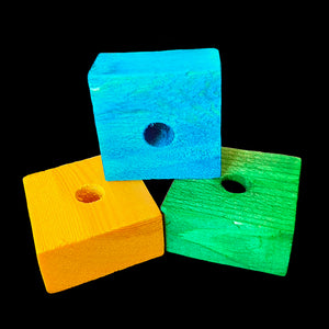 Brightly colored pine wood blocks measuring 1-1/2" by 1-3/4" by 3/4" thick with a 1/2" center hole. Recommended for medium sized birds.
