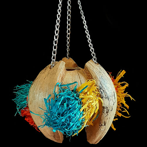 Colorful cornhusk tassels stuffed in and threaded through a chunky coconut shell hanging on nickel plated chain. Stuff treats inside the coconut for more foraging fun!  Recommended for birds such as greys, amazons, eclectus, etc.