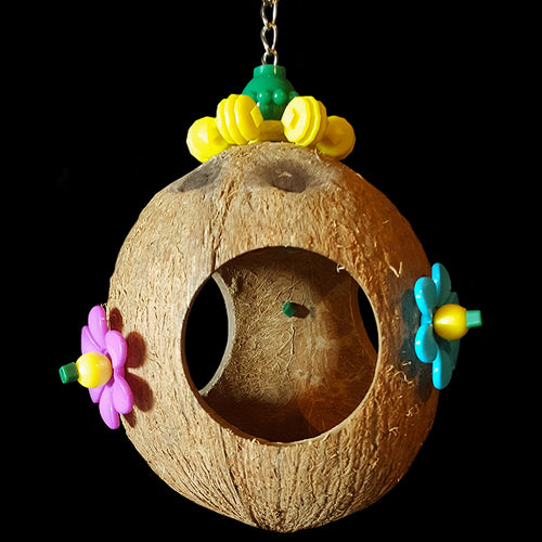 A hideout swing for x-small and small birds made with a hairy coconut shell decorated with spinning snowflake & daisy beads. Hangs on nickel plated chain. The coconut measures approx 4