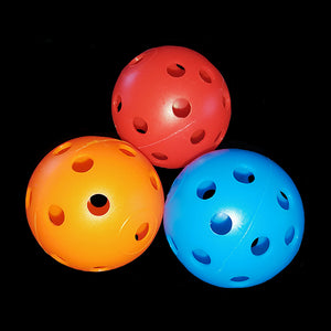 Lightweight, perforated plastic golf balls with holes measuring approx 1/4". Available in assorted colors. These balls are popular as foot or toss toys and also make a great base for small and intermediate toys.   Package contains 4 balls.
