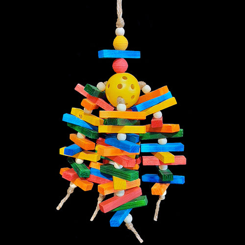 Almost five dozen brightly colored mini pine slats with wood snap beads threaded on jute cord on a perforated golf ball base. The perfect toy for conures that like to chew and hang on their toys!