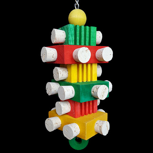 Brightly colored soft wood pine blocks stuffed with two dozen corks hanging on nickel plated chain.