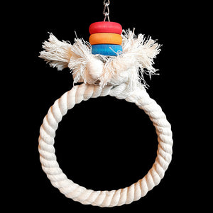 100% cotton rope twisted around a steel ring with brightly colored wood rings on nickel plated chain. Recommended for lovebirds, cockatiels, quakers, senegals, conures, caiques and other small parrots.