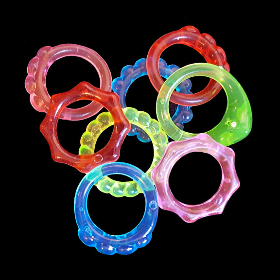 Little crystal colored plastic rings for making small toys. Rings measure 7/8