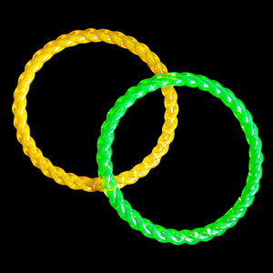 Colorful bangle rings measuring approx 2-3/4" made from sturdy, rigid plastic molded in the shape of a rope ring.