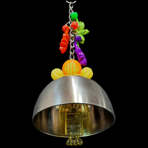A bird friendly bell made with a brushed stainless steel cup and a large acrylic candy charm inside for the clanger. Large acrylic charms, beads and a snowflake ring are attached to the nickel plated chain the 