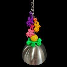 Load image into Gallery viewer, A bird friendly bell made with a brushed stainless steel cup with a large acrylic candy charm inside for the clanger. Large acrylic charms, beads and a snowflake ring are attached to the nickel plated chain the &quot;bell&quot; hangs from. 
