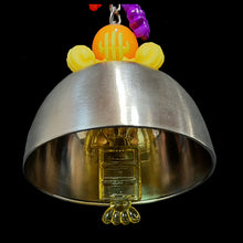 Load image into Gallery viewer, A bird friendly bell made with a brushed stainless steel cup with a large acrylic candy charm inside for the clanger. Large acrylic charms, beads and a snowflake ring are attached to the nickel plated chain the &quot;bell&quot; hangs from. Designed for most intermediate up to medium sized birds.
