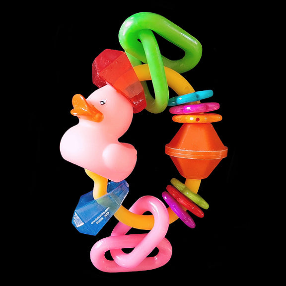 A sturdy ring filled with chunky crystal rings, flower rings, plastic chain & a little rubber duck. This washable toy was designed for a customer's lory, although all medium and large birds will love it too!